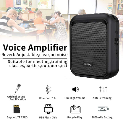 Megafon portavoce Bluetooth 5.0 portabil, cu microfon headset, 10W, baterie 1800 mAh, slot card, cu prindere tip clema, sistem PA, suporta audio in format MP3, pentru profesori, ghid turistic, antrenor