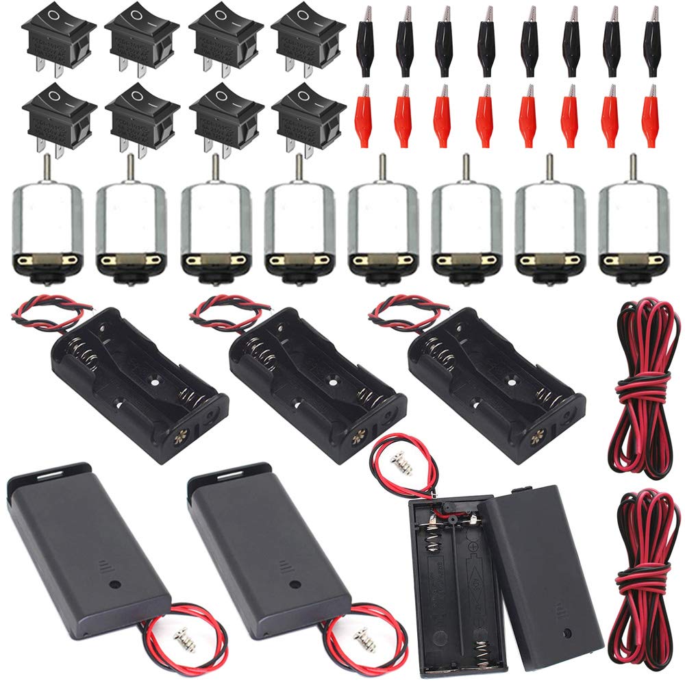 Set de 8 motor DC 1.5V-6V, 15000-16500 RPM, cu 8 carcase cu suport baterie, 16 clesti crocodil izolati, 2 cabluri 22AWG de 1m si 8 intrerupatoare, T400