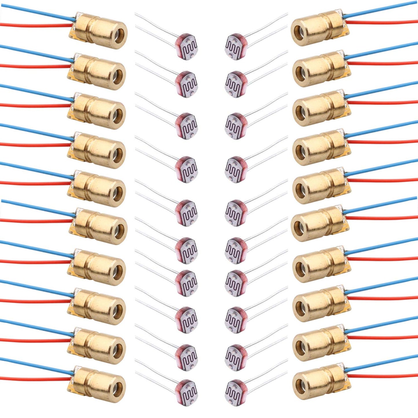 Set 20 Fotorezistori GM5539 de 5mm si 20 diode laser modul mini red 5V, 6mm, tensiune maxima 150V DC, temperatura de functionare -30 - +70 grade Celsius, din cupru
