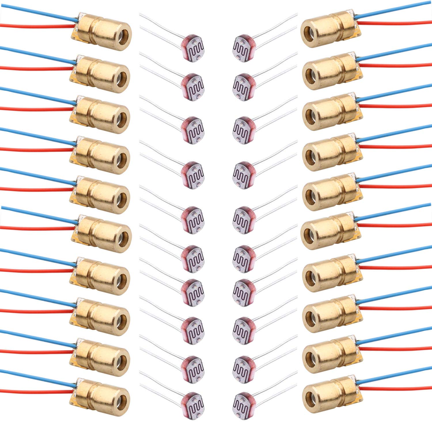Set 20 Fotorezistori GM5539 de 5mm si 20 diode laser modul mini red 5V, 6mm, tensiune maxima 150V DC, temperatura de functionare -30 - +70 grade Celsius, din cupru