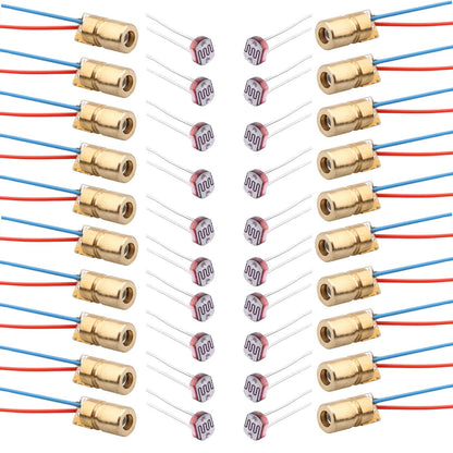 Set 20 Fotorezistori GM5539 de 5mm si 20 diode laser modul mini red 5V, 6mm, tensiune maxima 150V DC, temperatura de functionare -30 - +70 grade Celsius, din cupru
