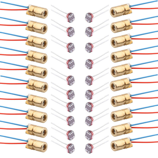 Set 20 Fotorezistori GM5539 de 5mm si 20 diode laser modul mini red 5V, 6mm, tensiune maxima 150V DC, temperatura de functionare -30 - +70 grade Celsius, din cupru