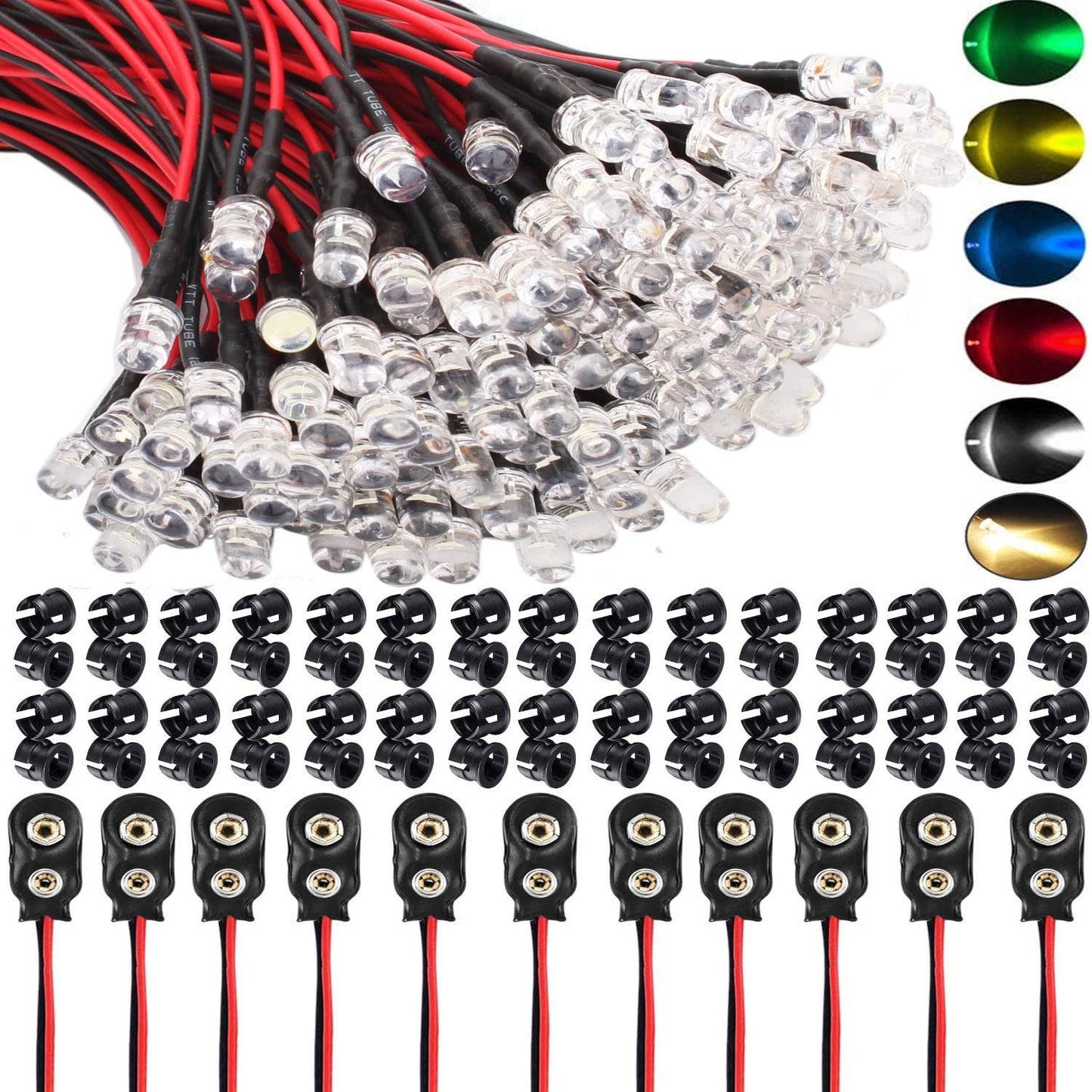 Set 60 diode LED 12V cu cablu DPF de 20 cm, 10 conectori pentru Baterie 9V, 60 de suporti led 5mm, 10 led-uri cu 6 culori, pentru iluminat hobby, barca, industrie, jucarii, decoratiuni de nunta, design de moda, modelare prototip, sculptura energetica