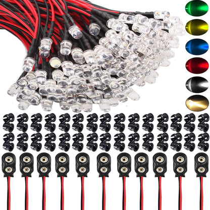 Set 60 diode LED 12V cu cablu DPF de 20 cm, 10 conectori pentru Baterie 9V, 60 de suporti led 5mm, 10 led-uri cu 6 culori, pentru iluminat hobby, barca, industrie, jucarii, decoratiuni de nunta, design de moda, modelare prototip, sculptura energetica