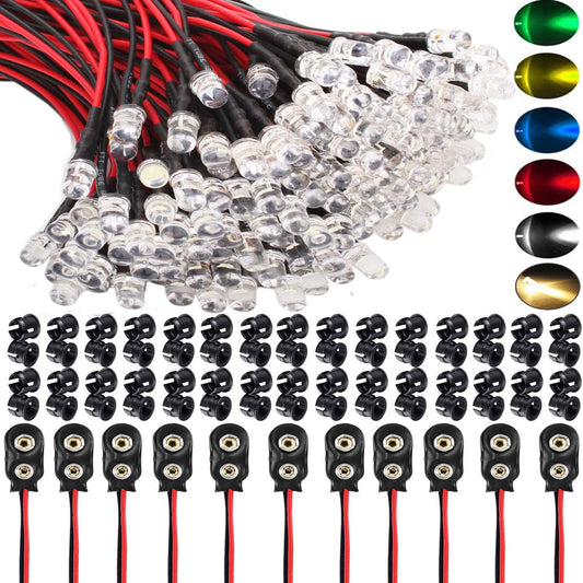 Set 60 diode LED 12V cu cablu DPF de 20 cm, 10 conectori pentru Baterie 9V, 60 de suporti led 5mm, 10 led-uri cu 6 culori, pentru iluminat hobby, barca, industrie, jucarii, decoratiuni de nunta, design de moda, modelare prototip, sculptura energetica