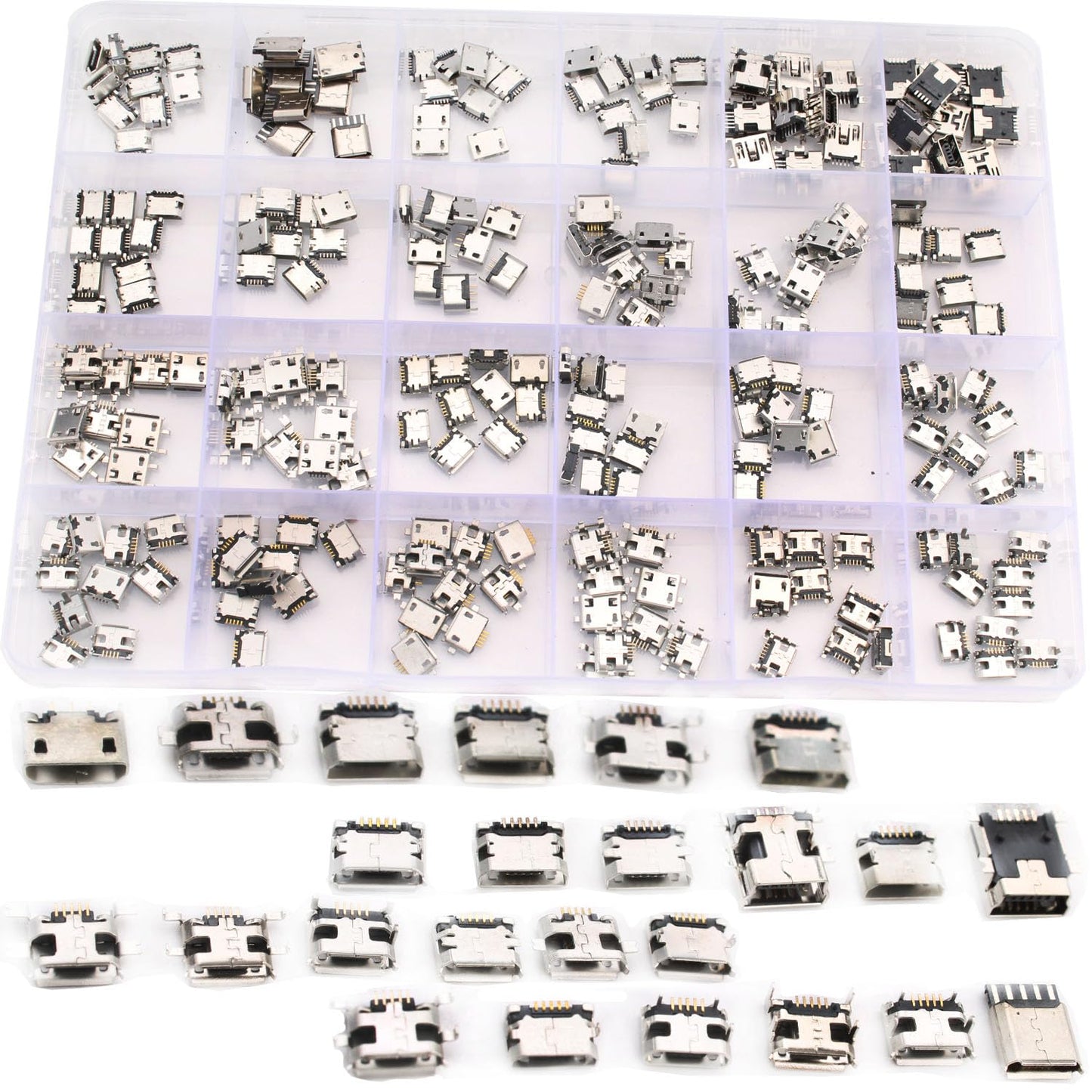 Set 240 conector mama USB B micro pentru PCB, cu 24 de modele diferite, din otel inoxidabil, compatibile cu mouse, tastaturi si incarcatoare, mufe de telefon, pentru inlocuire si reparatii si cutie de depozitare si transport