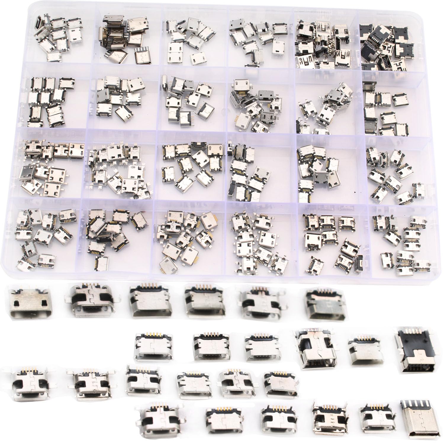Set 240 conector mama USB B micro pentru PCB, cu 24 de modele diferite, din otel inoxidabil, compatibile cu mouse, tastaturi si incarcatoare, mufe de telefon, pentru inlocuire si reparatii si cutie de depozitare si transport
