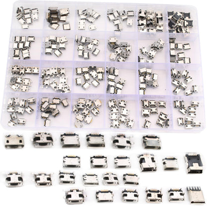 Set 240 conector mama USB B micro pentru PCB, cu 24 de modele diferite, din otel inoxidabil, compatibile cu mouse, tastaturi si incarcatoare, mufe de telefon, pentru inlocuire si reparatii si cutie de depozitare si transport