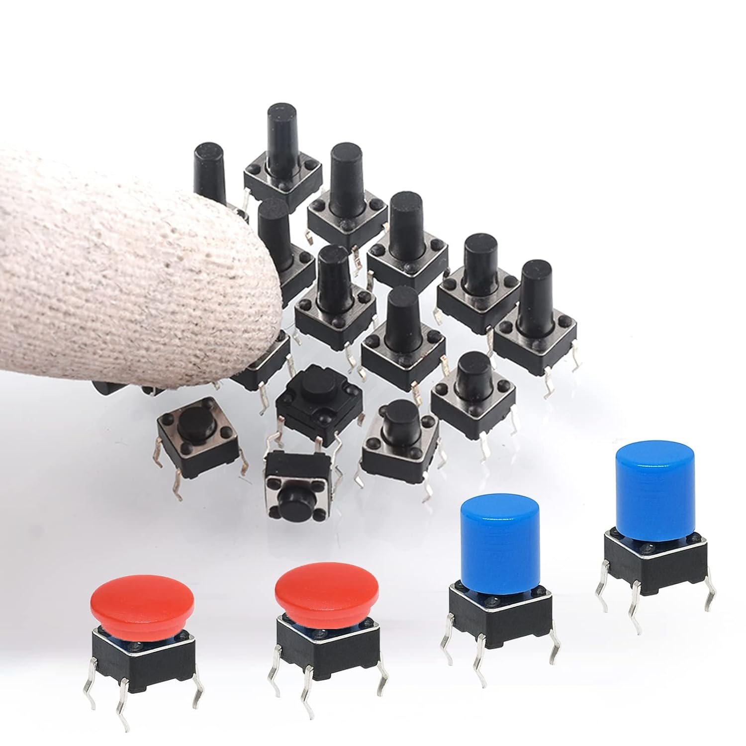 Set 200 microintrerupator, butoane tactile 12V, buton switch cu 4 pini, 6x6x5mm, 6x6x6mm, 6x6x7mm, 6x6x8mm, 6x6x9mm, 6x6x10mm, 6x6x11mm, 6x6x12mm, 6x6x4.3mm, 6x6x13mm, cu 40 de capace, cutie de depozitare si transport, Negru