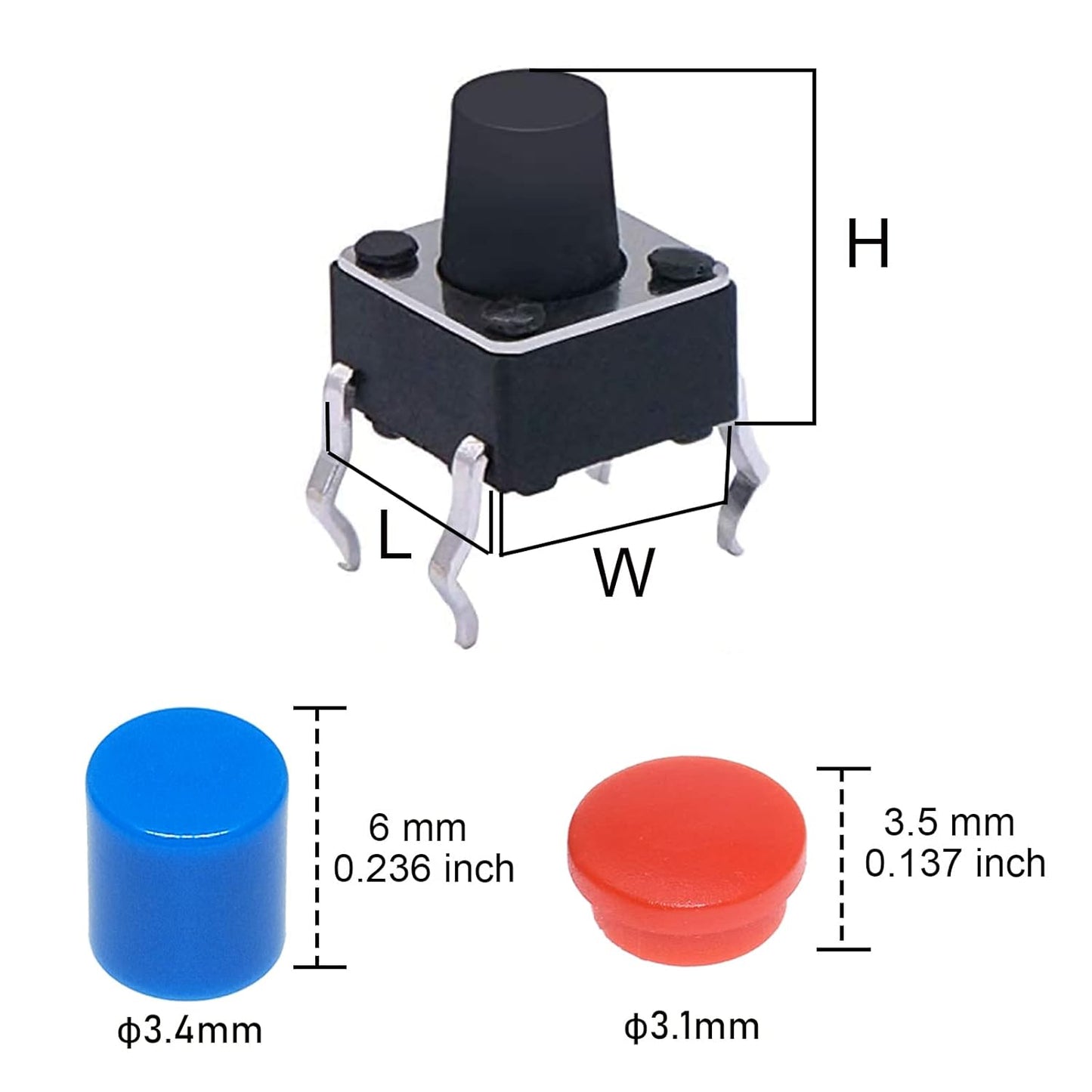 Set 200 microintrerupator, butoane tactile 12V, buton switch cu 4 pini, 6x6x5mm, 6x6x6mm, 6x6x7mm, 6x6x8mm, 6x6x9mm, 6x6x10mm, 6x6x11mm, 6x6x12mm, 6x6x4.3mm, 6x6x13mm, cu 40 de capace, cutie de depozitare si transport, Negru