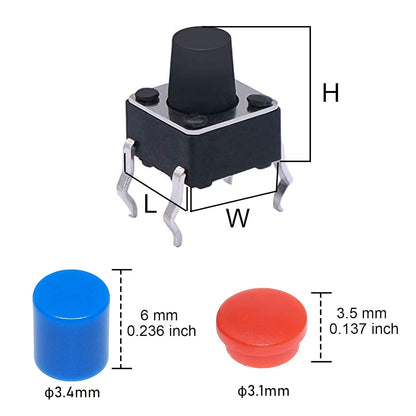 Set 200 microintrerupator, butoane tactile 12V, buton switch cu 4 pini, 6x6x5mm, 6x6x6mm, 6x6x7mm, 6x6x8mm, 6x6x9mm, 6x6x10mm, 6x6x11mm, 6x6x12mm, 6x6x4.3mm, 6x6x13mm, cu 40 de capace, cutie de depozitare si transport, Negru