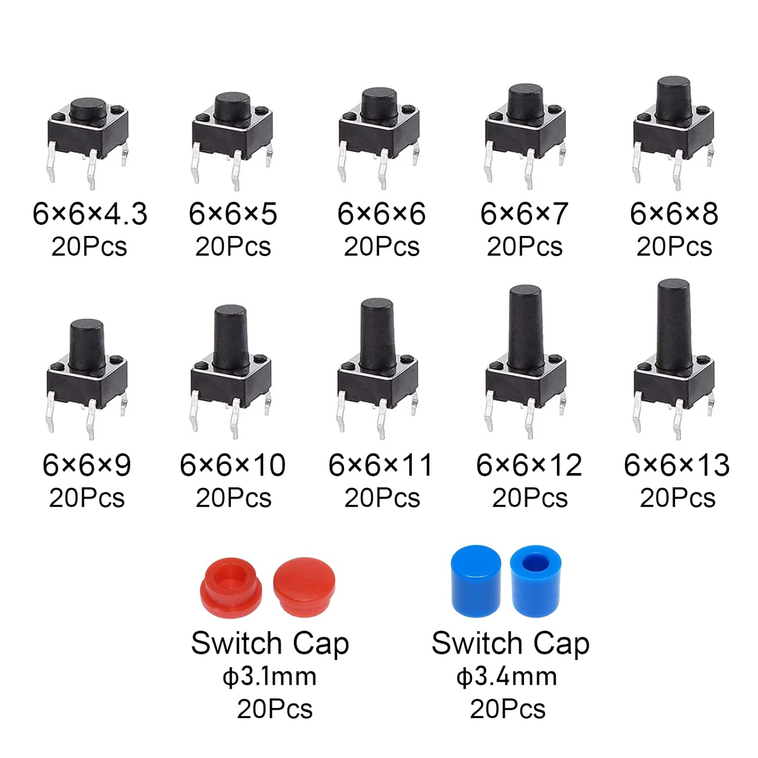 Set 200 microintrerupator, butoane tactile 12V, buton switch cu 4 pini, 6x6x5mm, 6x6x6mm, 6x6x7mm, 6x6x8mm, 6x6x9mm, 6x6x10mm, 6x6x11mm, 6x6x12mm, 6x6x4.3mm, 6x6x13mm, cu 40 de capace, cutie de depozitare si transport, Negru
