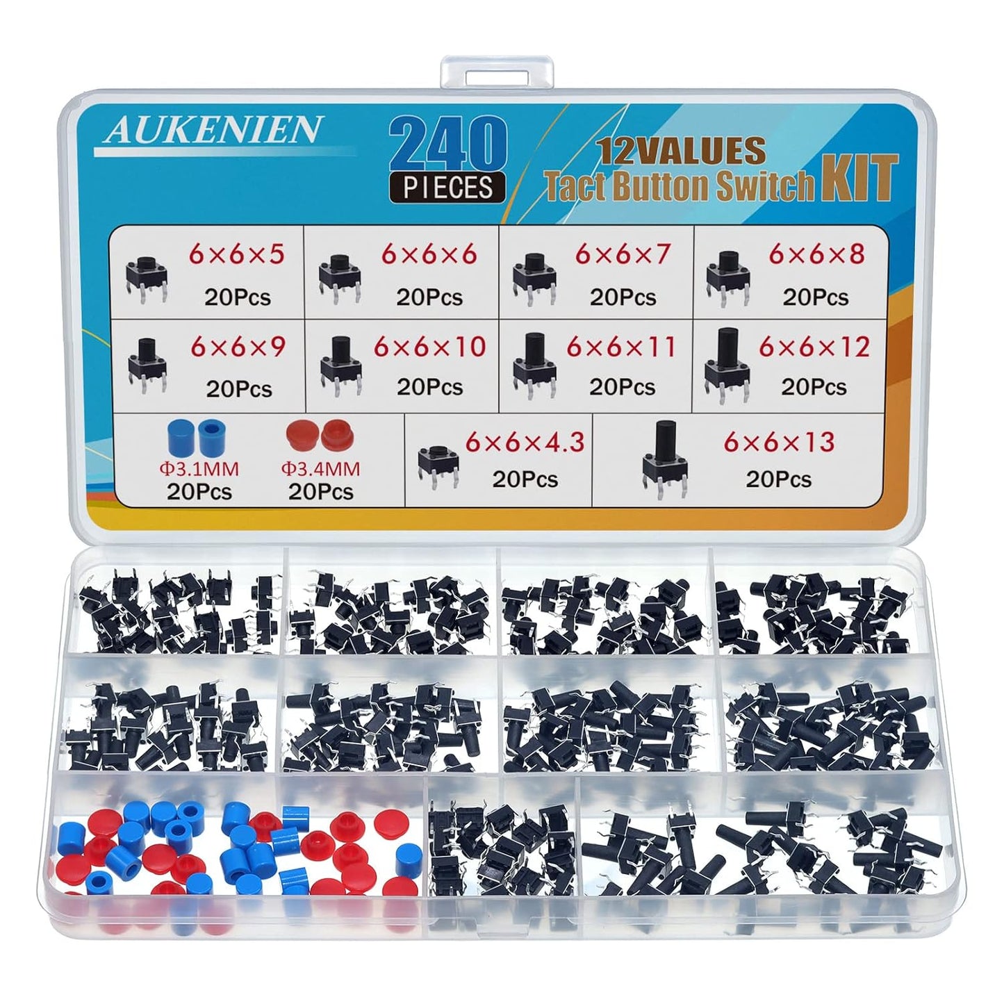 Set 200 microintrerupator, butoane tactile 12V, buton switch cu 4 pini, 6x6x5mm, 6x6x6mm, 6x6x7mm, 6x6x8mm, 6x6x9mm, 6x6x10mm, 6x6x11mm, 6x6x12mm, 6x6x4.3mm, 6x6x13mm, cu 40 de capace, cutie de depozitare si transport, Negru