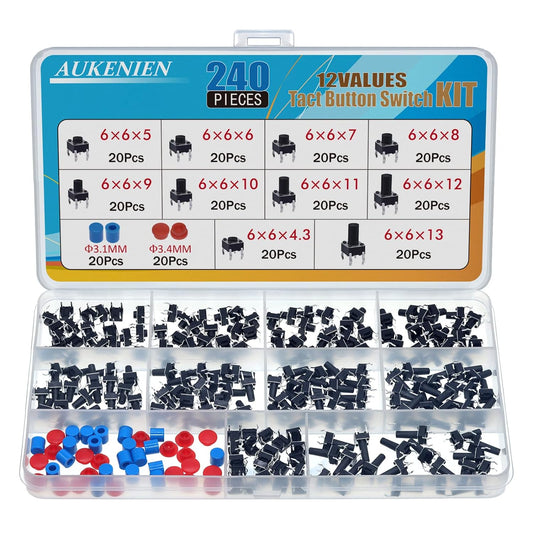 Set 200 microintrerupator, butoane tactile 12V, buton switch cu 4 pini, 6x6x5mm, 6x6x6mm, 6x6x7mm, 6x6x8mm, 6x6x9mm, 6x6x10mm, 6x6x11mm, 6x6x12mm, 6x6x4.3mm, 6x6x13mm, cu 40 de capace, cutie de depozitare si transport, Negru