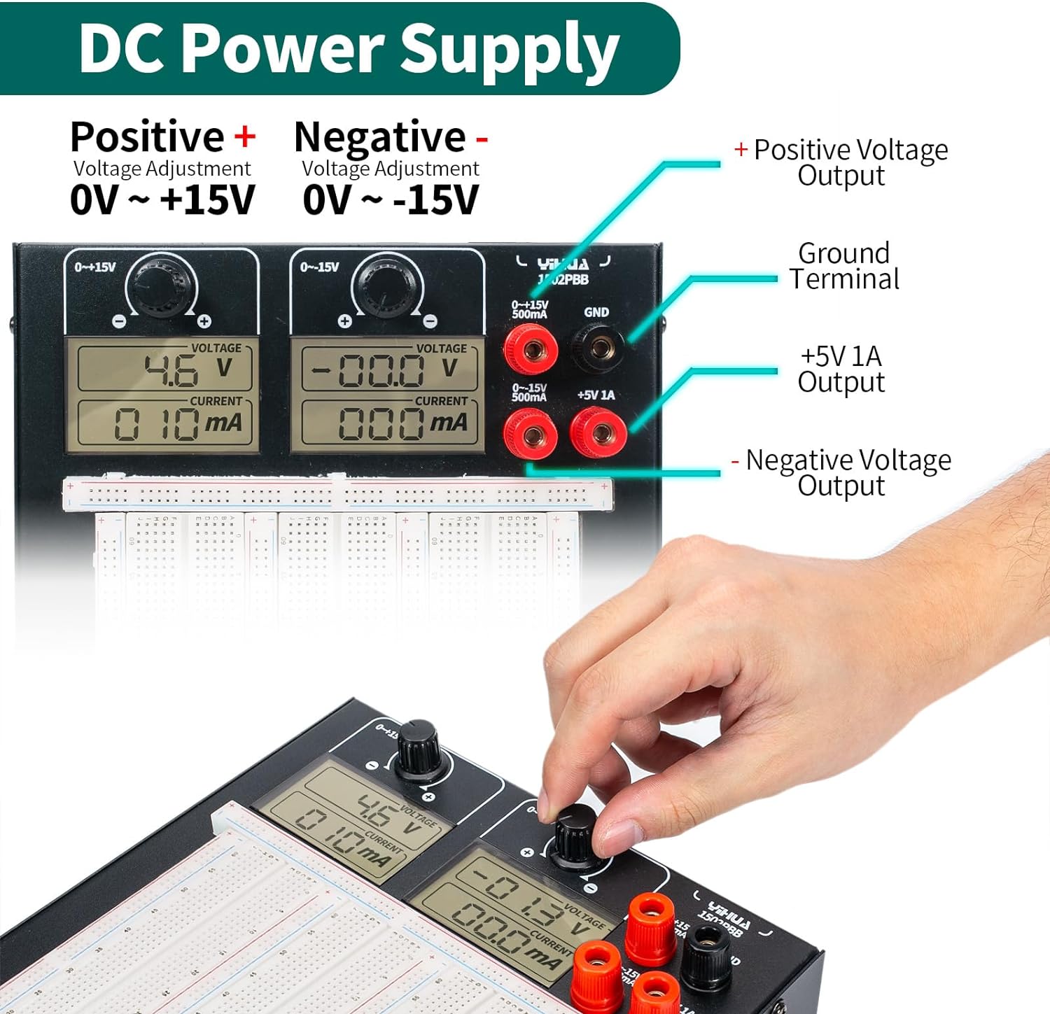Kit sursa de alimentare 2 in 1 cu placa Breadboard, DC +15V -15V, cu 140 fire jumper si 2 cablu banana, pentru proiecte electronice, Kit Arduino, YIHUA 1502PBB