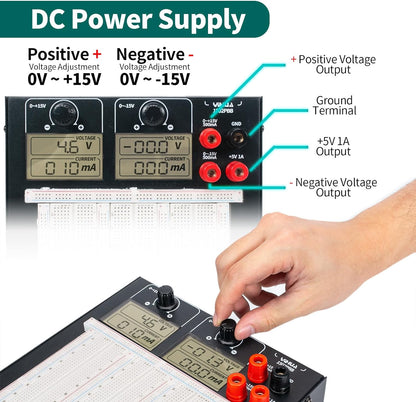Kit sursa de alimentare 2 in 1 cu placa Breadboard, DC +15V -15V, cu 140 fire jumper si 2 cablu banana, pentru proiecte electronice, Kit Arduino, YIHUA 1502PBB