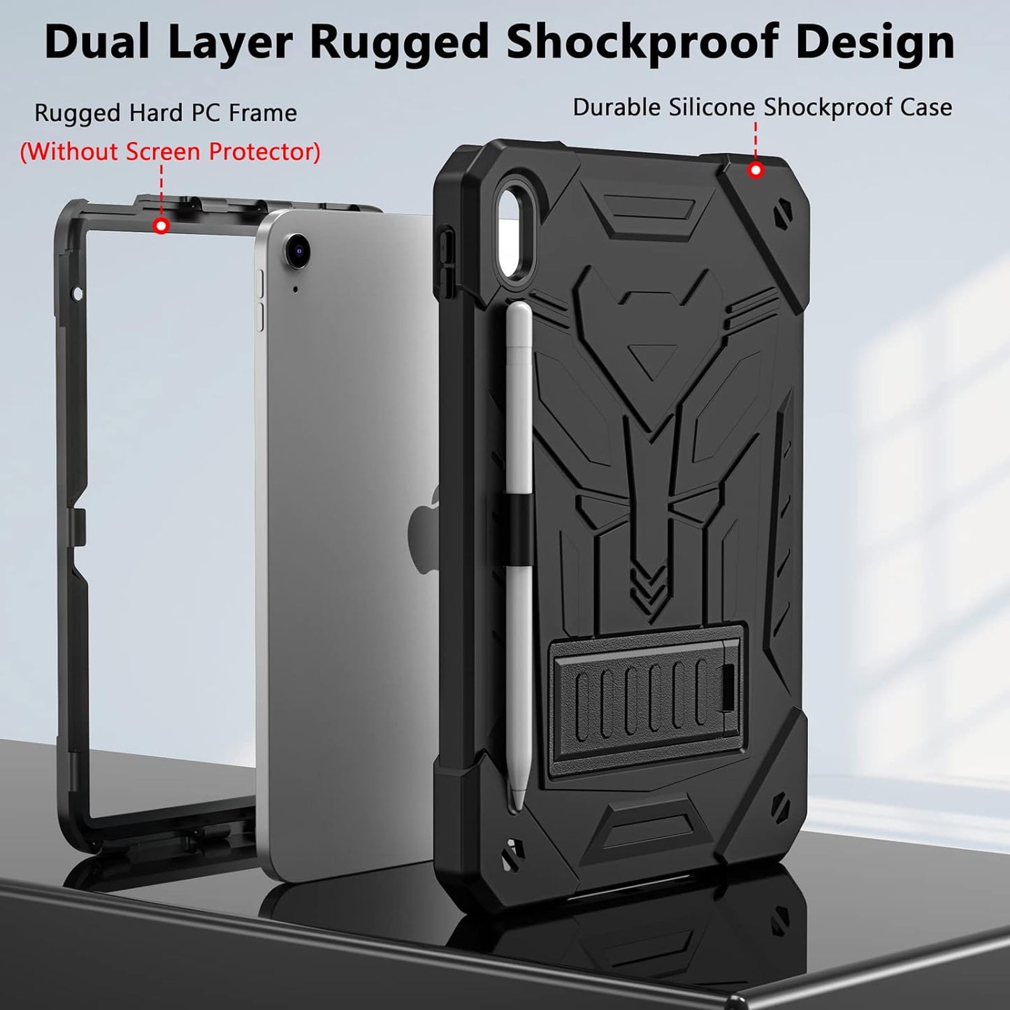 Husa compatibila cu iPad 10.9 inch, generatia a 10-a, 2022, protectie 360 de grade, cu suport pix, rezistenta la socuri, robusta, cu suport tip stand, design transformers, pentru copii