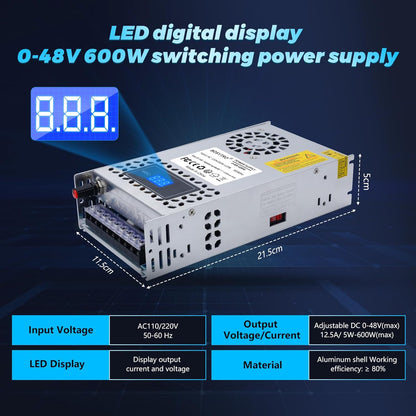 Sursa de alimentare modulara 48V, metalica, reglabila 0-48 V, 12,5 A 600 W, 110/220 V, cu afisaj digital, ventilata, pentru banda LED, sisteme supraveghere video, automatizari, BOSYTRO