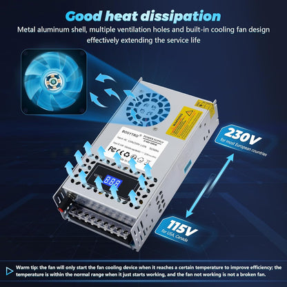 Sursa de alimentare modulara 48V, metalica, reglabila 0-48 V, 12,5 A 600 W, 110/220 V, cu afisaj digital, ventilata, pentru banda LED, sisteme supraveghere video, automatizari, BOSYTRO