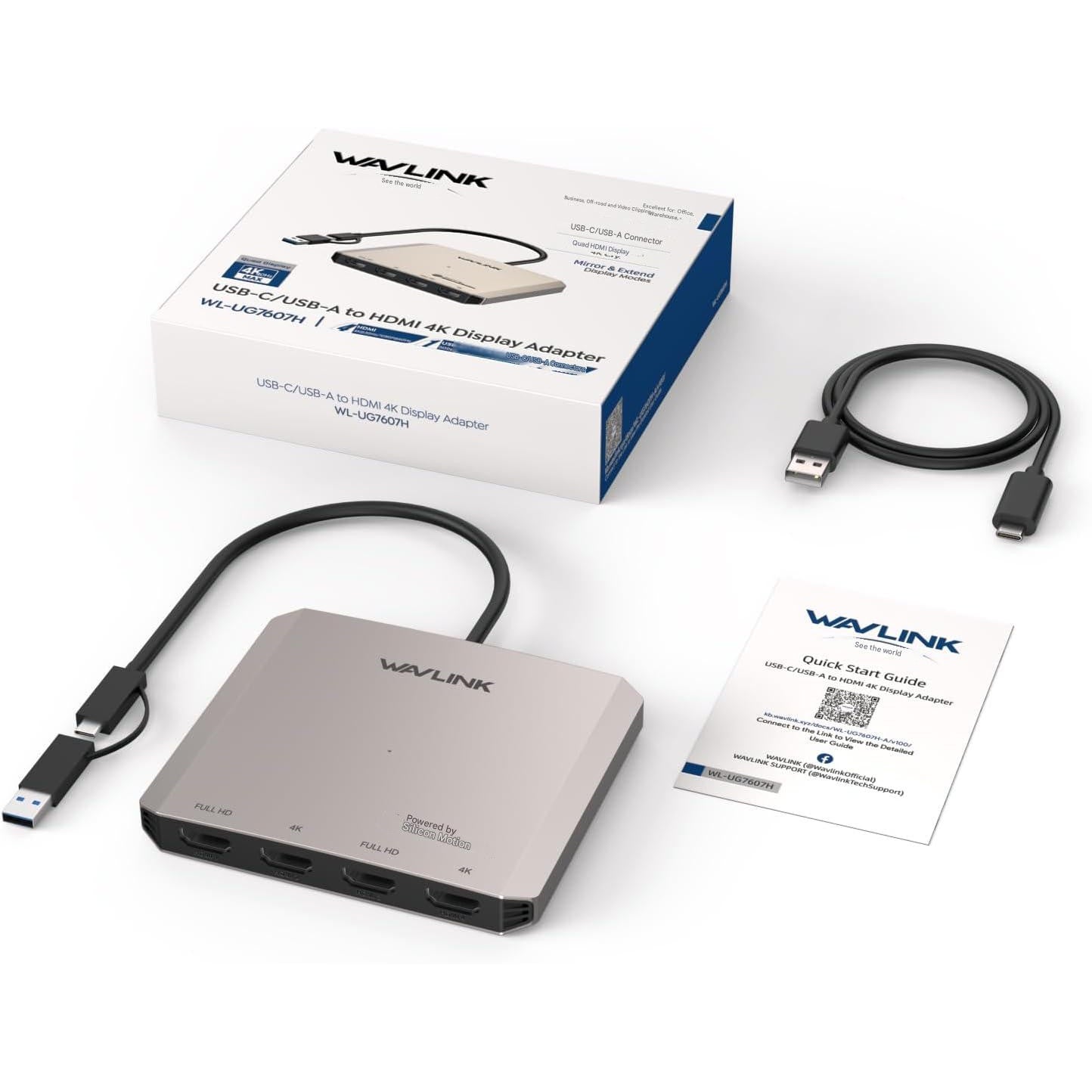 Statie de andocare WAVLINK Quad Monitor 4x HDMI, USB-C si USB-A, pentru MacBook Pro/Air M1 M2 M3 M4, extensie 4 monitoare, Dual 4K UHD + Dual Full HD 1080P, compatibil Windows 11/10, macOS, Thunderbolt 3/4, necesita driver SMI
