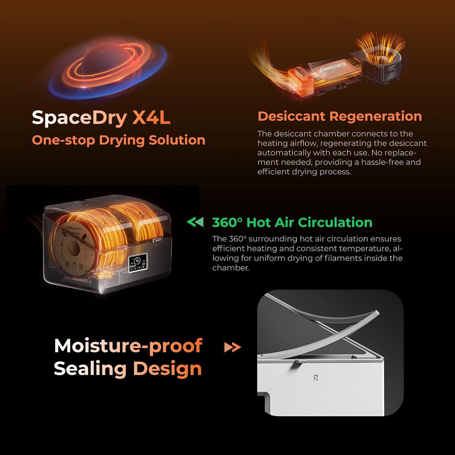 Uscator de filamente 3D Creality SpacePi X4L pentru 4 bobine, 2 camere de incalzire independente, temperatura reglabila pana la 75°C, ecran LCD touchscreen, control temperatura si umiditate, compatibil PLA PETG ABS TPU PA, cutie uscare filament