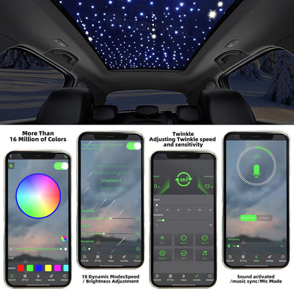 Kit fibra optica plafon instelat RGBW 348 fire de 3m, 250 de 0.75 mm si 98 de 1mm, Bluetooth, Efect ploaie de stele, Control prin aplicatie si telecomanda, Giderwel