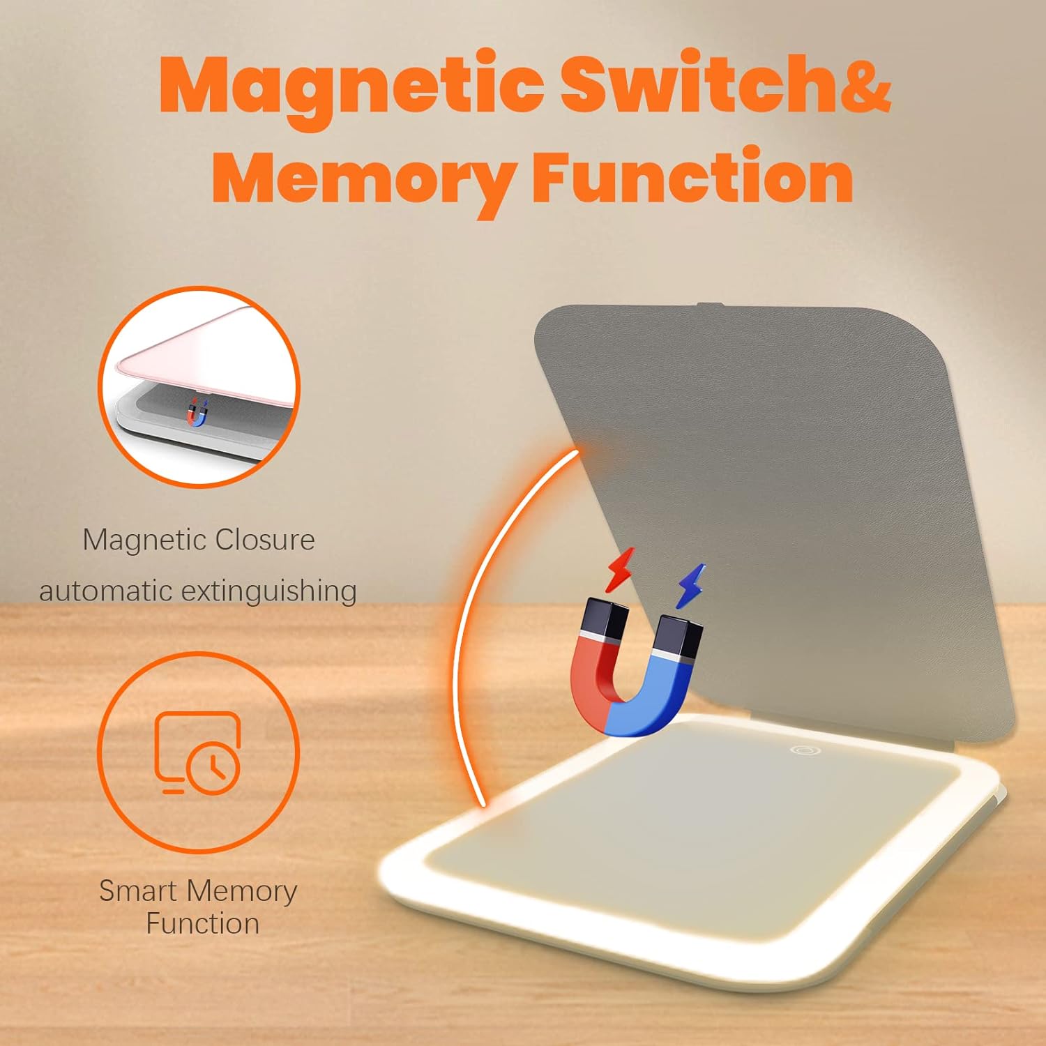 Oglinda cosmetica LED portabila, pentru machiaj, rotativa la 360°, acumulator 2400 mAh, reincarcabila, 3 moduri de iluminare, luminozitate reglabila, inchidere magnetica, Alantop