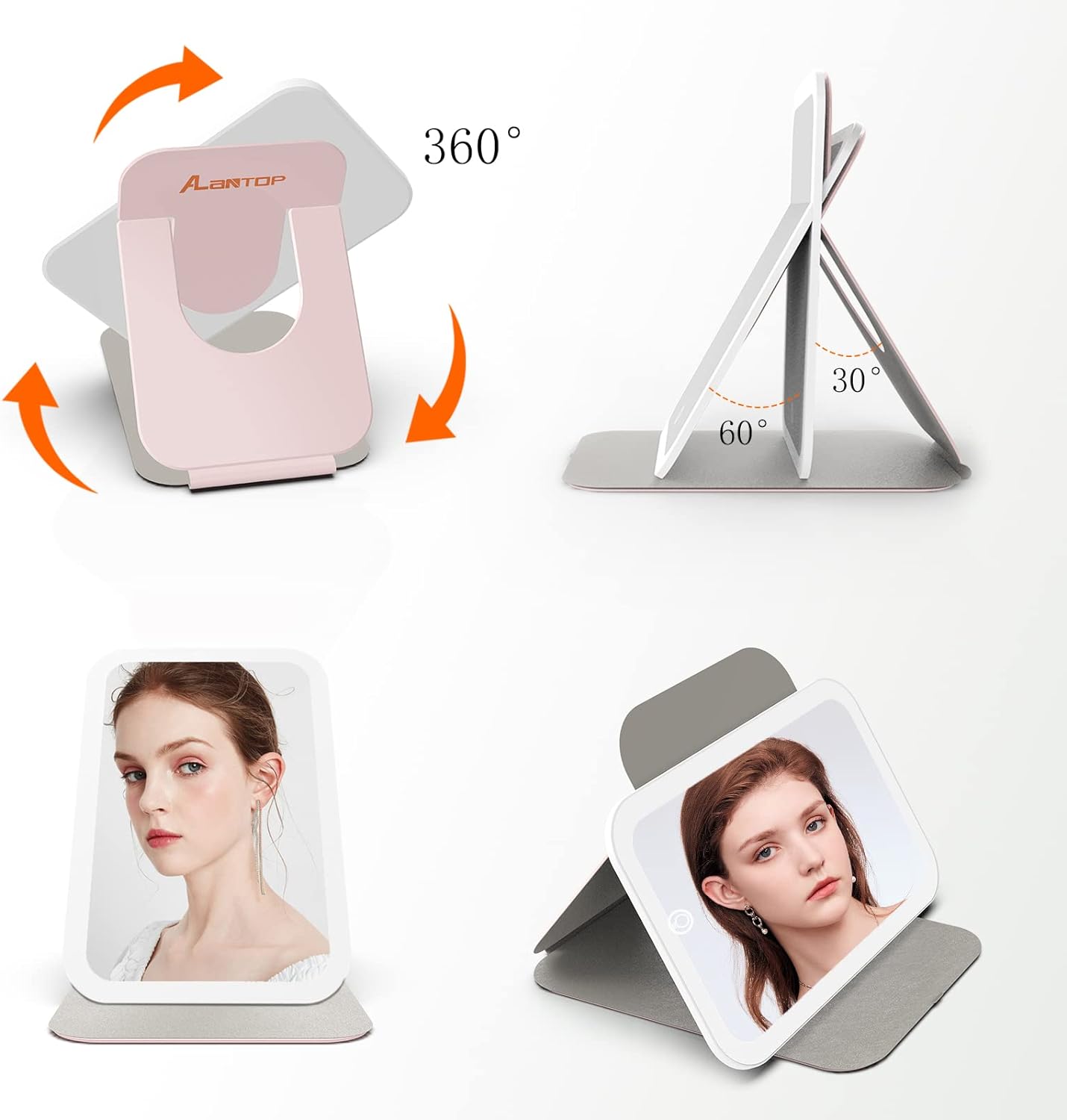 Oglinda cosmetica LED portabila, pentru machiaj, rotativa la 360°, acumulator 2400 mAh, reincarcabila, 3 moduri de iluminare, luminozitate reglabila, inchidere magnetica, Alantop