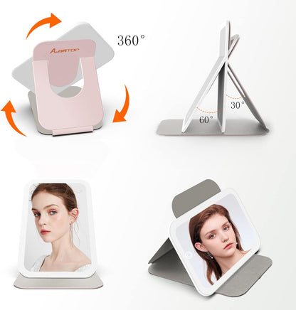 Oglinda cosmetica LED portabila, pentru machiaj, rotativa la 360°, acumulator 2400 mAh, reincarcabila, 3 moduri de iluminare, luminozitate reglabila, inchidere magnetica, Alantop