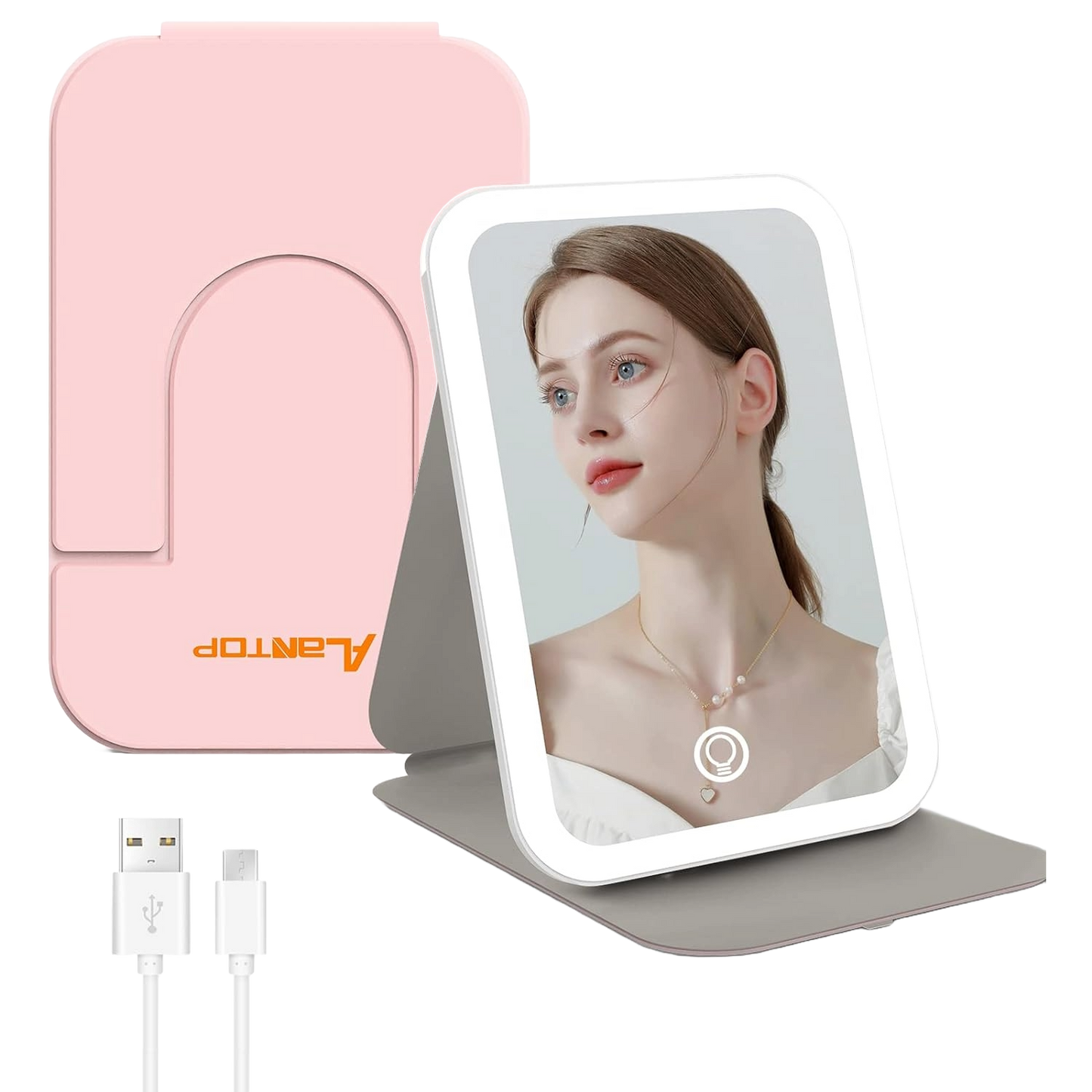 Oglinda cosmetica LED portabila, pentru machiaj, rotativa la 360°, acumulator 2400 mAh, reincarcabila, 3 moduri de iluminare, luminozitate reglabila, inchidere magnetica, Alantop