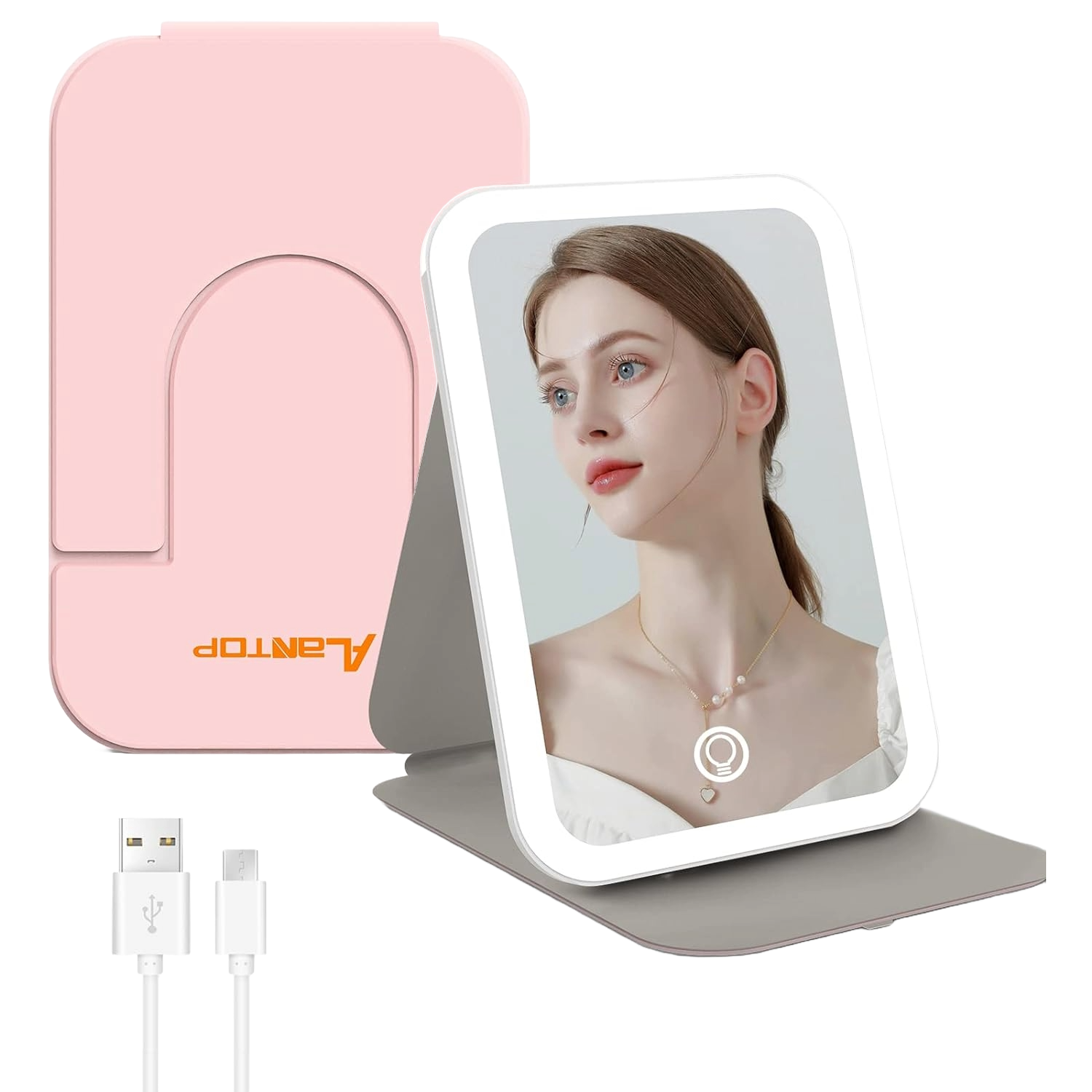 Oglinda cosmetica LED portabila, pentru machiaj, rotativa la 360°, acumulator 2400 mAh, reincarcabila, 3 moduri de iluminare, luminozitate reglabila, inchidere magnetica, Alantop