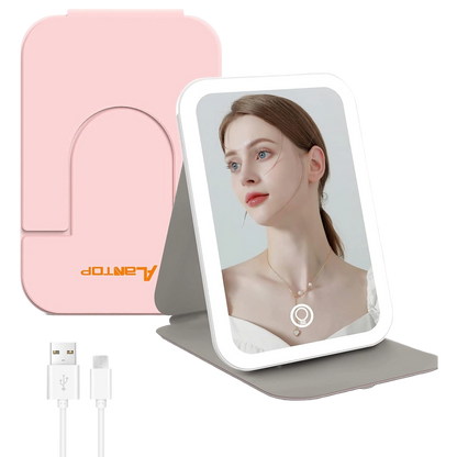Oglinda cosmetica LED portabila, pentru machiaj, rotativa la 360°, acumulator 2400 mAh, reincarcabila, 3 moduri de iluminare, luminozitate reglabila, inchidere magnetica, Alantop