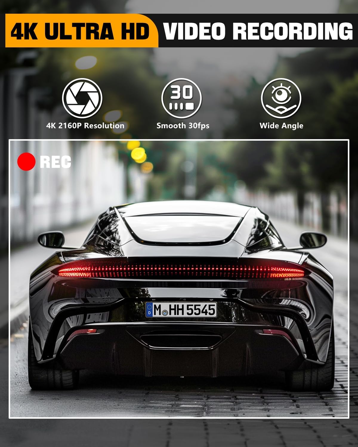 Camera auto de bord WiFi, 4K 2160P, Control prin aplicatie, Nightvision, WDR, G-Sensor, Monitorizare parcare, Inregistrare in bucla, Card SD de 64 GB inclus, Unghi larg, Abask
