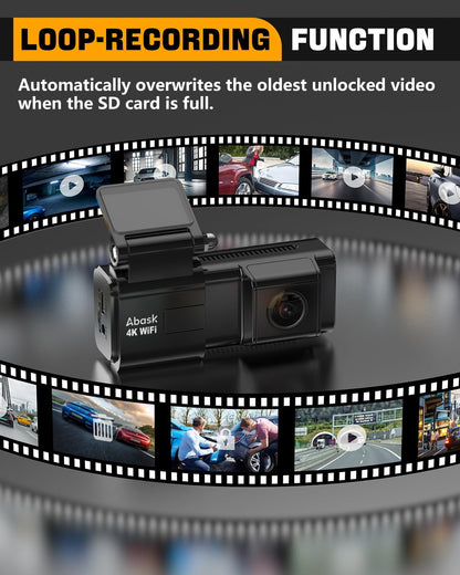 Camera auto de bord WiFi, 4K 2160P, Control prin aplicatie, Nightvision, WDR, G-Sensor, Monitorizare parcare, Inregistrare in bucla, Card SD de 64 GB inclus, Unghi larg, Abask