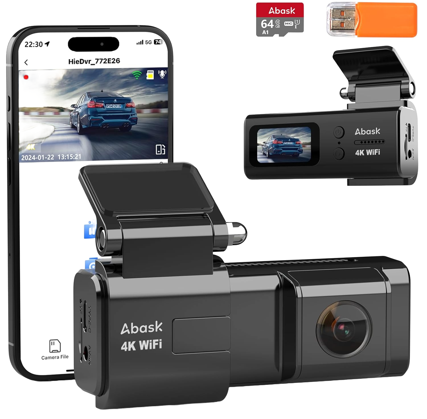 Camera auto de bord WiFi, 4K 2160P, Control prin aplicatie, Nightvision, WDR, G-Sensor, Monitorizare parcare, Inregistrare in bucla, Card SD de 64 GB inclus, Unghi larg, Abask