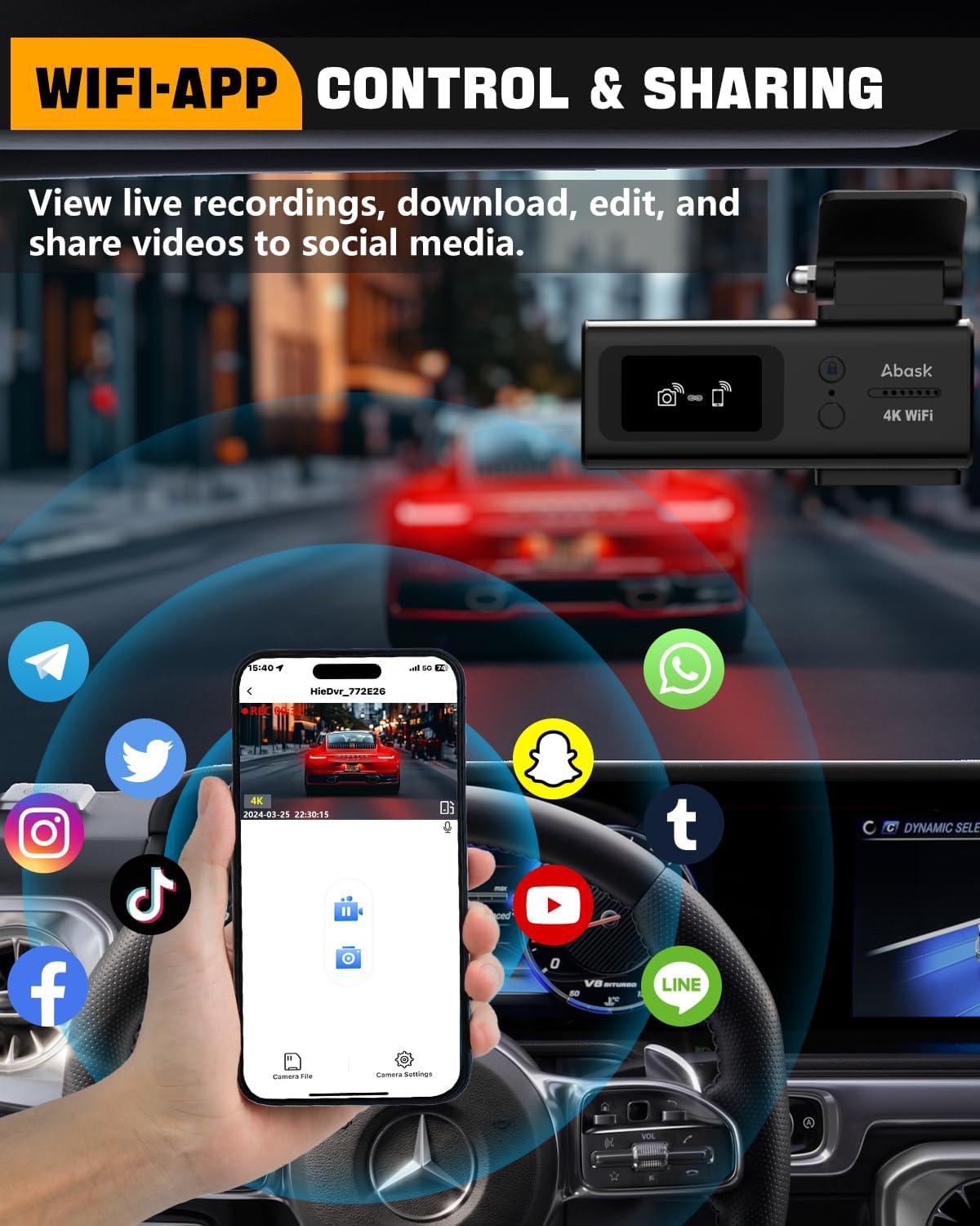 Camera auto de bord WiFi, 4K 2160P, Control prin aplicatie, Nightvision, WDR, G-Sensor, Monitorizare parcare, Inregistrare in bucla, Card SD de 64 GB inclus, Unghi larg, Abask