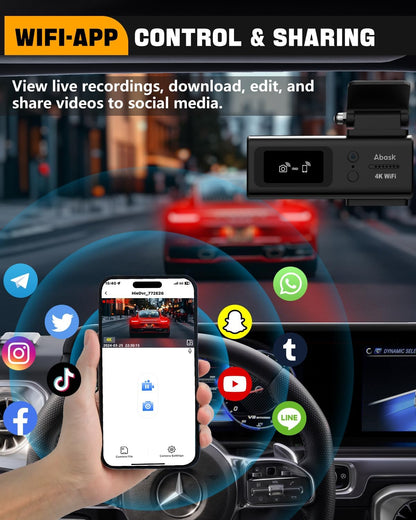 Camera auto de bord WiFi, 4K 2160P, Control prin aplicatie, Nightvision, WDR, G-Sensor, Monitorizare parcare, Inregistrare in bucla, Card SD de 64 GB inclus, Unghi larg, Abask