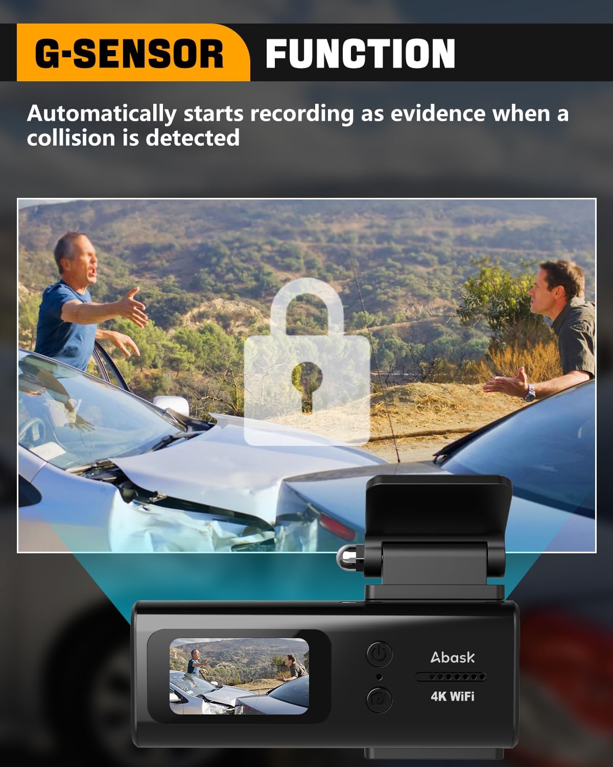 Camera auto de bord WiFi, 4K 2160P, Control prin aplicatie, Nightvision, WDR, G-Sensor, Monitorizare parcare, Inregistrare in bucla, Card SD de 64 GB inclus, Unghi larg, Abask