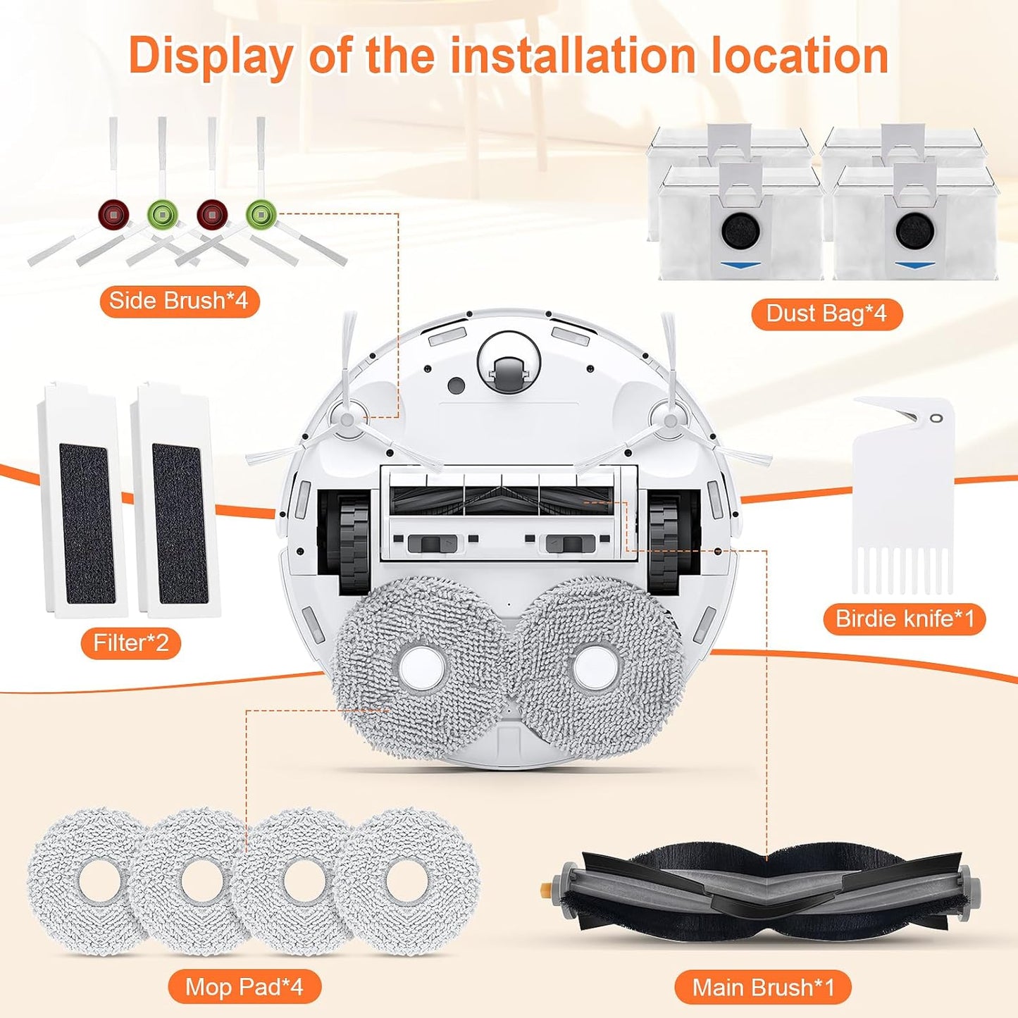 Kit accesorii aspirator compatibile Ecovacs Deebot T20 Omni/T20 PRO/T20 PRO PLUS/T20 MAX, cu 1 perie tambur, 2 filtre, 4 perii laterale, 4 paduri mop si 4 saculeti praf, accesorii curatare