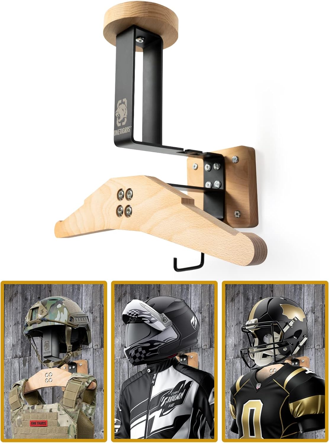 Suport de perete pentru casca si geaca moto, Cuier pentru echipament airsoft, tactic, ciclism, rugby, ski, sarcina 40Kg, multifunctional, 19 x 33 x 38.3 cm, OneTigris