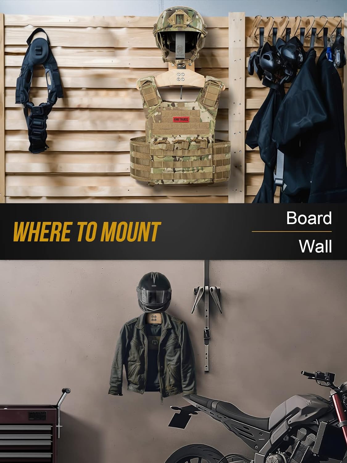Suport de perete pentru casca si geaca moto, Cuier pentru echipament airsoft, tactic, ciclism, rugby, ski, sarcina 40Kg, multifunctional, 19 x 33 x 38.3 cm, OneTigris