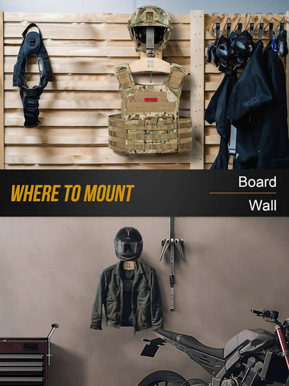 Suport de perete pentru casca si geaca moto, Cuier pentru echipament airsoft, tactic, ciclism, rugby, ski, sarcina 40Kg, multifunctional, 19 x 33 x 38.3 cm, OneTigris