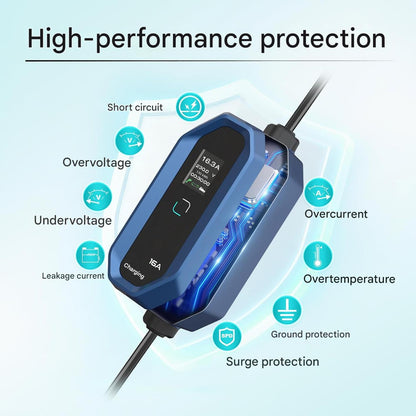 Statie de incarcare portabila pentru masini electrice cu cablu Type 2, cablu de incarcare EV, 5 m, 3,68 kW, 230 V, IEC 62196-2, curent reglabil 6-16 A, Chargingo, impermeabil IP65, afisaj LCD, cu geanta de depozitare