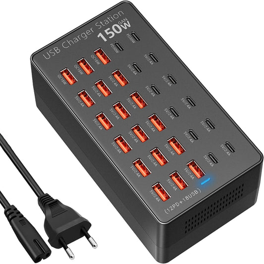 Statie de incarcare USB 150W, 30 porturi 12x USB-C + 18x USB-A, PD 30W si QC 18W, tehnologie GaN, incarcare simultana pentru telefoane, tablete, casti si smartwatch, cablu alimentare 1.5m, negru