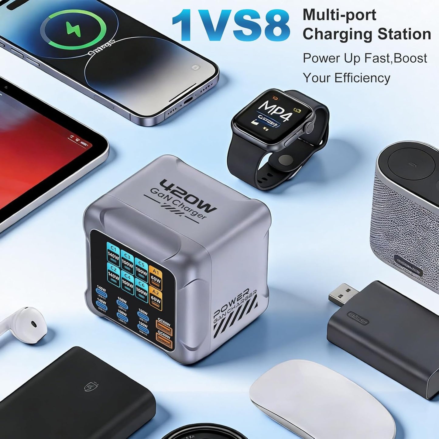 Statie de Incarcare USB-C Puiseno 420W GaN, 8 Porturi 6x USB-C + 2x USB-A, PD 140W, QC 60W, afisaj LCD inteligent, protectie la supratensiune si supraincalzire, compatibila cu MacBook, iPhone 17/16/15, iPad, Galaxy S25/S24, argintiu ID produs: 4273