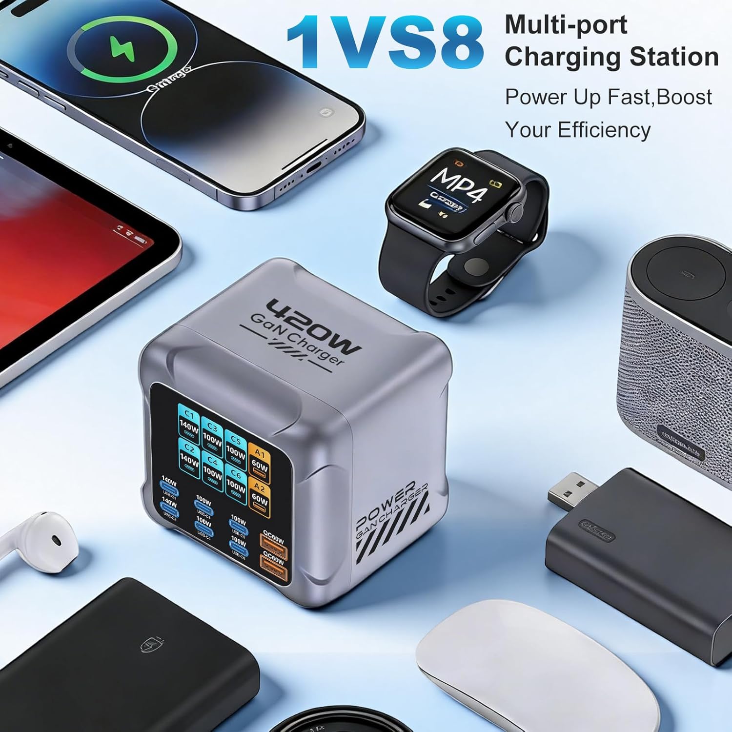 Statie de Incarcare USB-C Puiseno 420W GaN, 8 Porturi 6x USB-C + 2x USB-A, PD 140W, QC 60W, afisaj LCD inteligent, protectie la supratensiune si supraincalzire, compatibila cu MacBook, iPhone 17/16/15, iPad, Galaxy S25/S24, argintiu ID produs: 4273