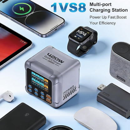 Statie de Incarcare USB-C Puiseno 420W GaN, 8 Porturi 6x USB-C + 2x USB-A, PD 140W, QC 60W, afisaj LCD inteligent, protectie la supratensiune si supraincalzire, compatibila cu MacBook, iPhone 17/16/15, iPad, Galaxy S25/S24, argintiu ID produs: 4273
