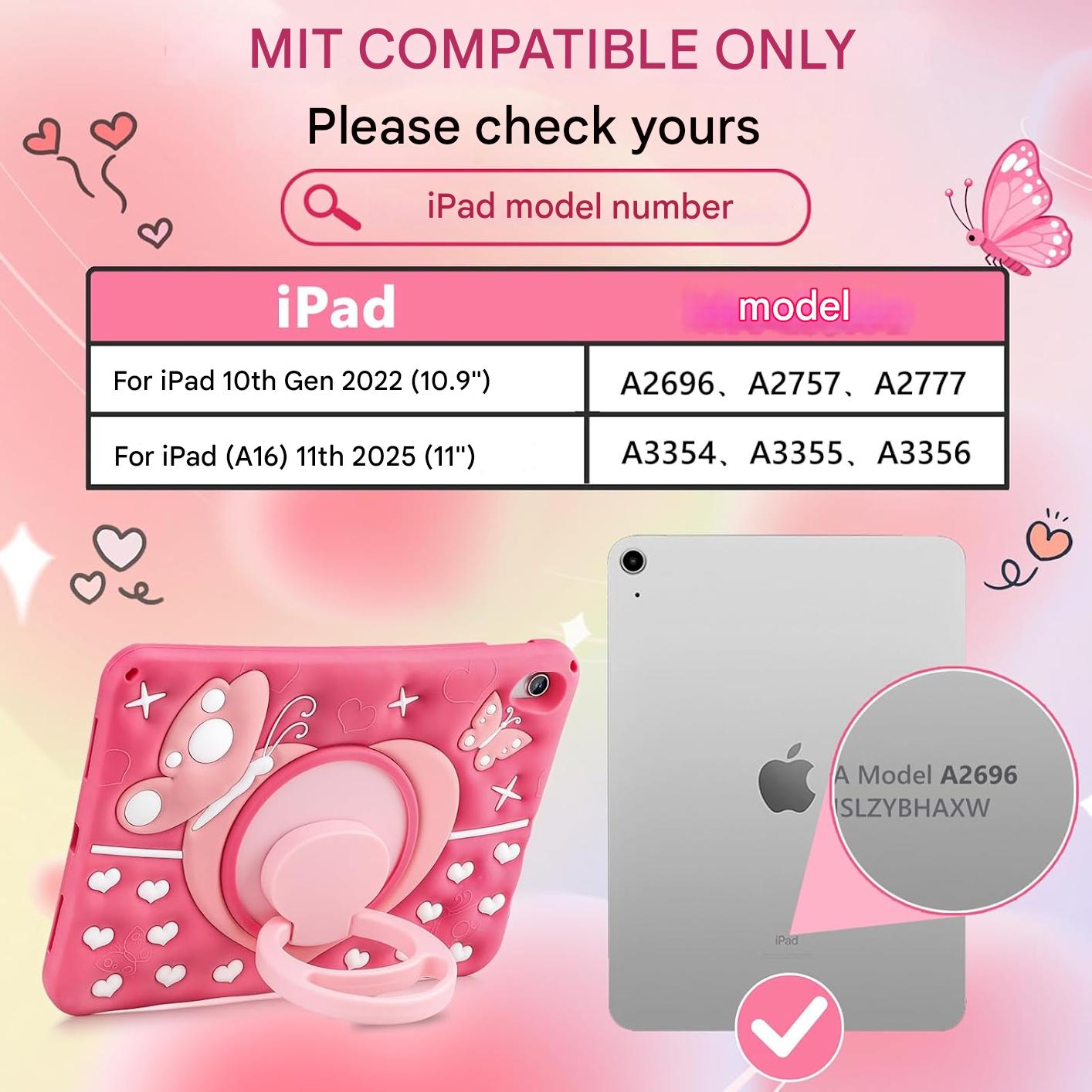 Husa de protectie iPad A16 11″ / A10 10,9″ – Fluture, roz, rezistenta la socuri, cu maner rotativ 360°, suport si curea de umar