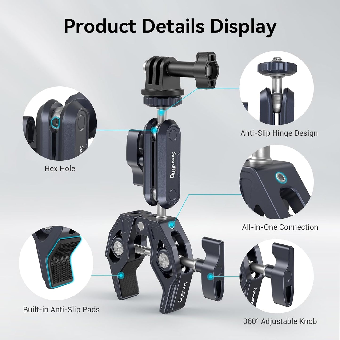 Clema de fixare magic arm cu menghina si montura cap bila cu rotatie 360°, adaptor GoPro, filete de 1/4 inch si 3/8 inch, clema crab cu sarcina maxima suportata 3.5 kg, 3757B