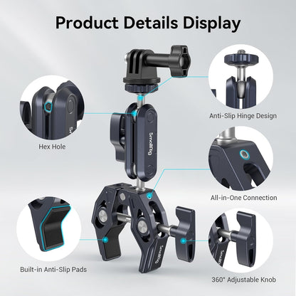 Clema de fixare magic arm cu menghina si montura cap bila cu rotatie 360°, adaptor GoPro, filete de 1/4 inch si 3/8 inch, clema crab cu sarcina maxima suportata 3.5 kg, 3757B